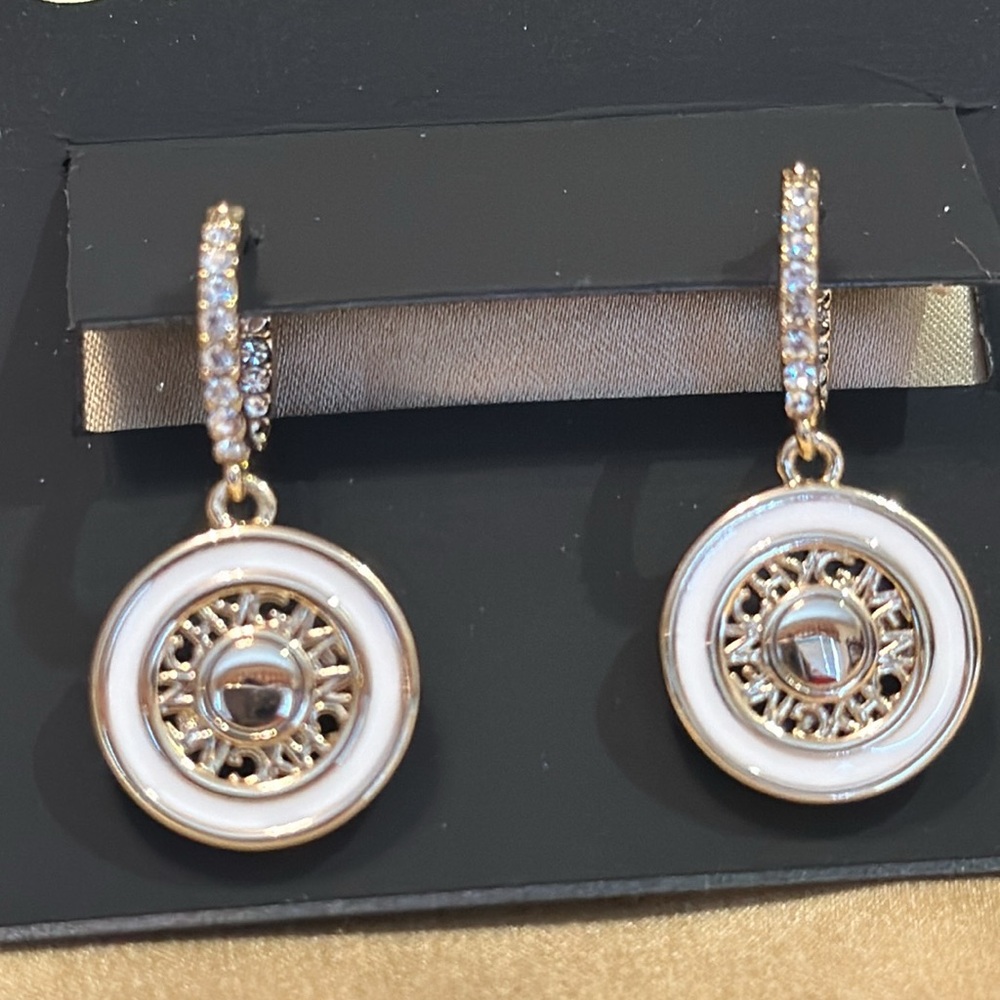 Givenchy earrings Color framed logo charm pierced Pave Huggies hoop 1”x 1/2” NWT - Picture 2 of 5